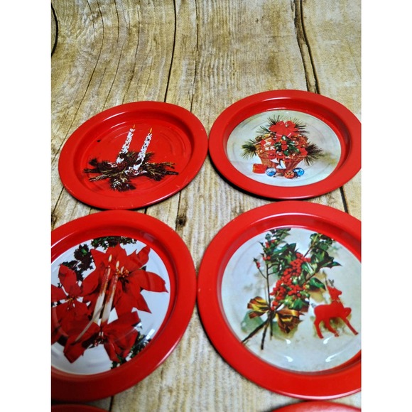 Vtg Christmas Metal Coaster Set of 6 Raindeer Holly Pionsettia (cb5) - Picture 2 of 6